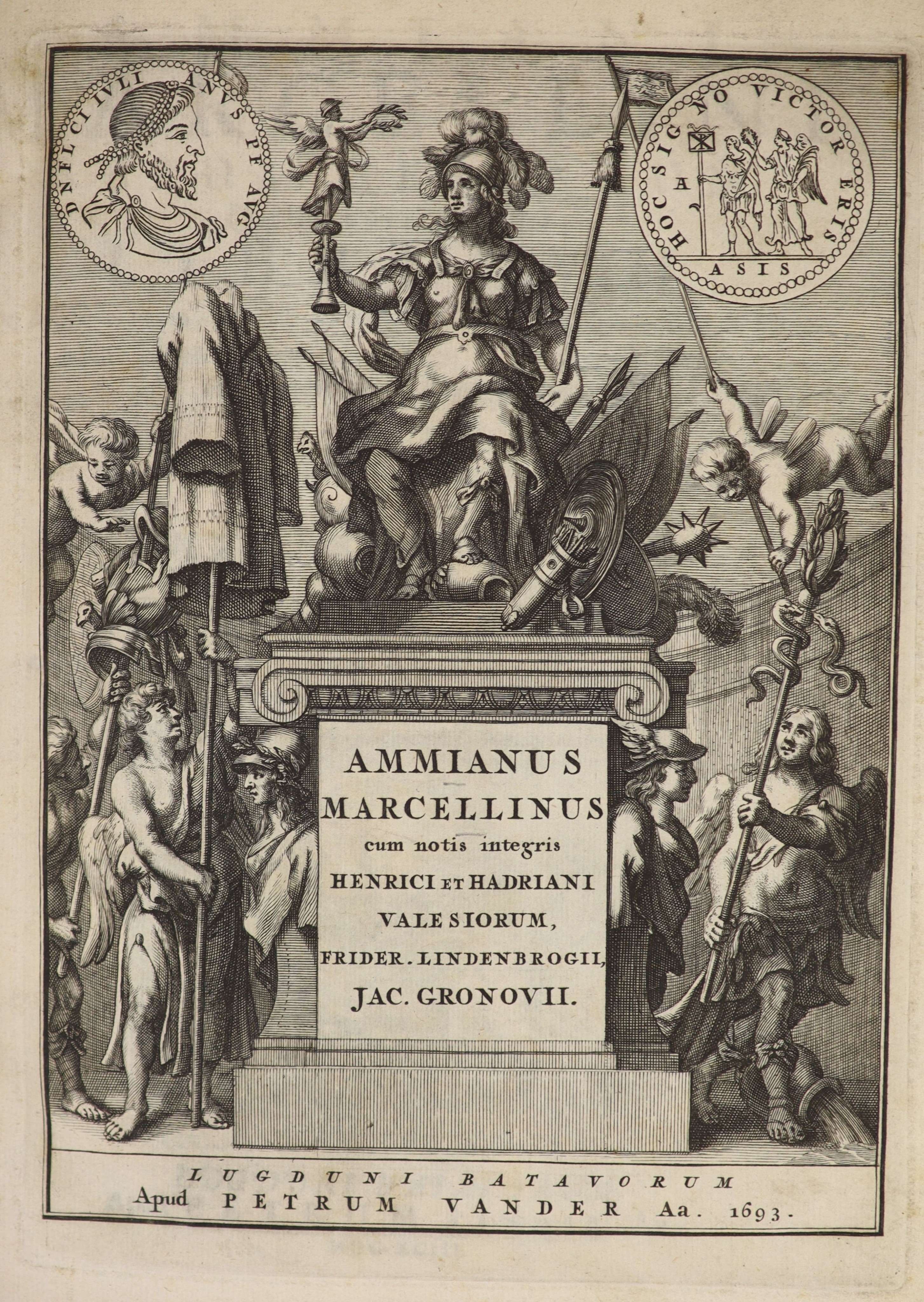 Ammianus Marcellinus - Rerum Gestarum qui de XXXI supersunt libri XVII... omnia nunc recognita ab Jacobo Gronovio ... pictorial engraved and printed titles, portrait (editor)